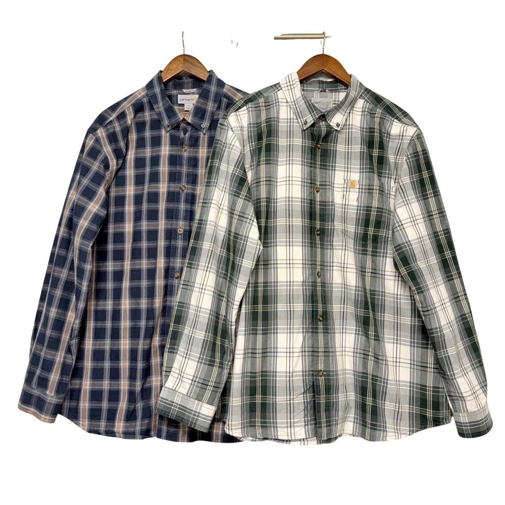 Carhartt Button Down Shirt Mens XL Navy Green Plaid Relaxed Fit Lot of 2 Workear